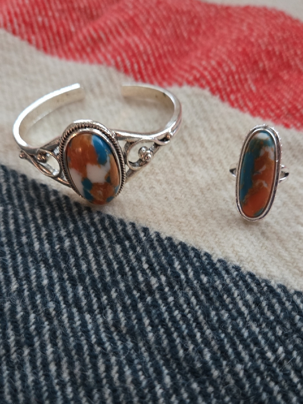 Silver Cuff Bracelet And Ring Set with Blue and Orange Stone Accents